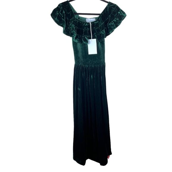 NWT Hill House The Akilah Nap Velvet Off The Shoulder Ruffle Dress Emerald XS - Picture 7 of 11